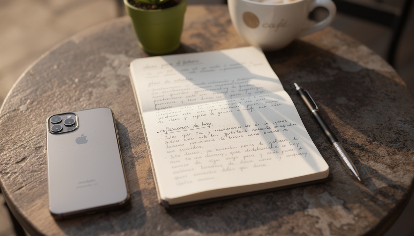 Notas y reflexiones sobre tecnología en cuaderno sobre escritorio