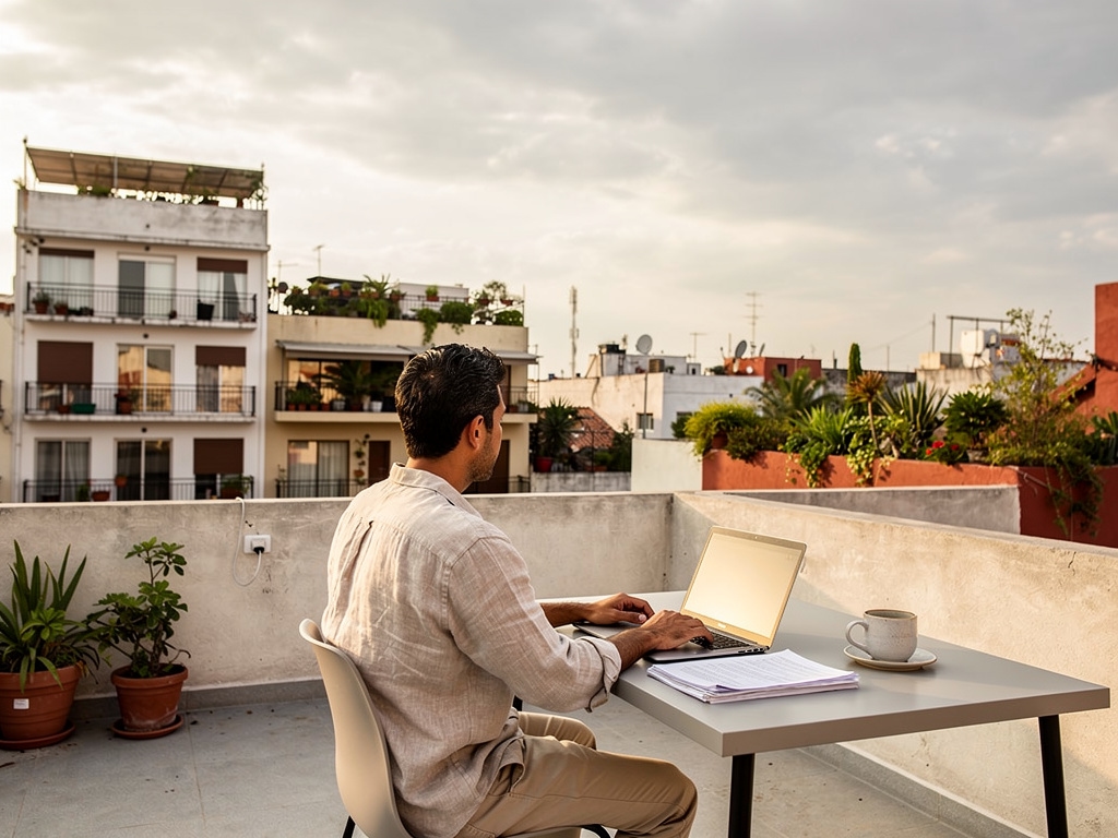 Sesión de aprendizaje en terraza urbana con vista a la ciudad